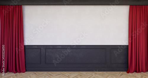  Klasyczne wnętrze z czarnym panelem ściennym, listwami i białą ścianą. 3d render ilustracja mockup