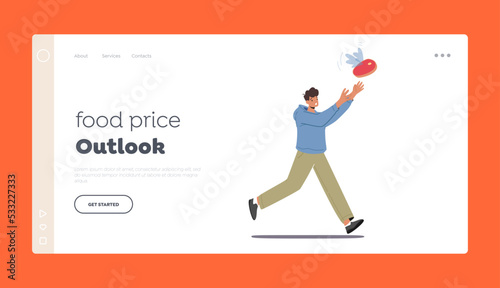 Food Price Outlook Landing Page Template. Male Characters Chase Groceries Rising Up on Balloon. Food And Price Inflation