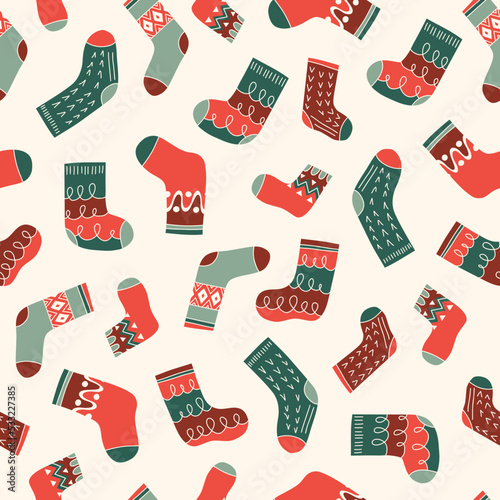 Colorful Retro Knitted Socks Vector Seamless Pattern. Hand Drawn Fair Isle Knitwear Graphic Print. Winter Holiday Background. Red and White Christmas Doodle Design