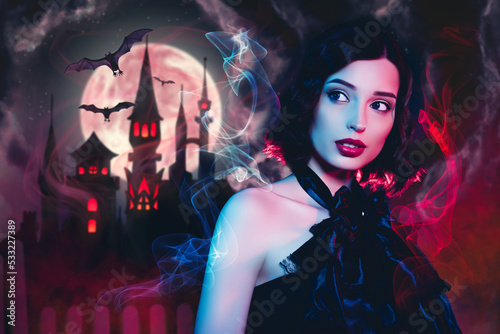 Collage banner of frightening mystic lady wear black dress gothic isolated red gradient color castle pianted picture