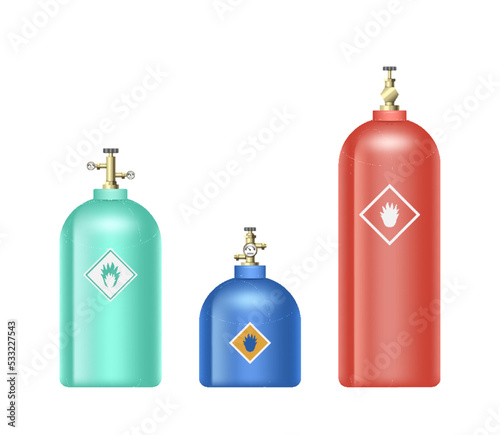 Gas cylinders. Metal tanks with liquefied compressed oxygen, petroleum, LPG propane gas containers