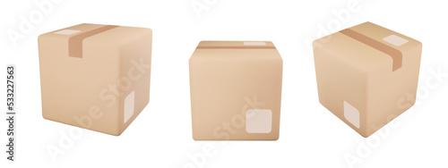 Cardboard or carton realistic delivery boxes with scotch tape and labels.