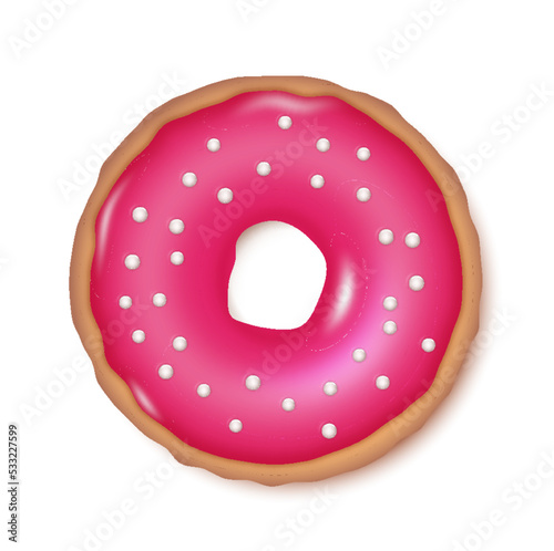 Realistic pink donut icon. Doughnut dessert with cream icing and sprinkles. Bakery sweet pastry food