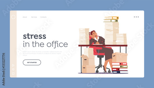 Stress and Time Management Landing Page Template. Tired Business Woman Sleeping at Workplace with Heaps of Documents