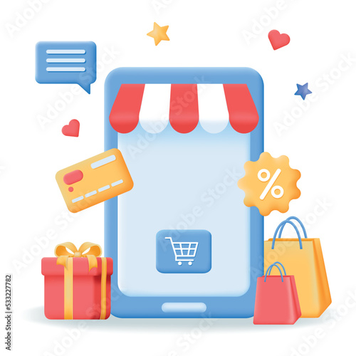 3D mobile smartphone with shopping bags and gift box. Online sale, store or shopping on application and website concept. Vector illustration isolated on the white background.