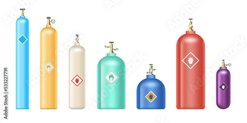 Set of realistic propan cylinders with high pressure and valves explosive. Metal tanks with oxygen
