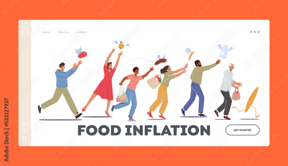 Food Inflation Landing Page Template. Consumers Chase Grocery Products and Goods Flying Away. Price Index Rise Up