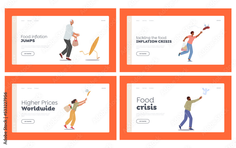 Food Inflation Landing Page Template Set. Consumer Characters Chase Goods Flying Away. Price Index Or Cpi Rise Up