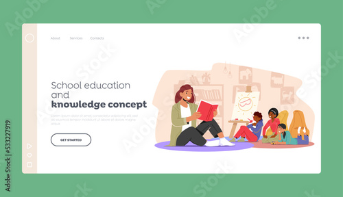 School Education and Knowledge Landing Page Template. Preschool Development, Babysitter Character Reading To Kids