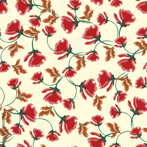 Stylish seamless pattern with  beautiful flowers similar to poppy  peony in trendy colors.  red  white  orange.  Vector illustration. Modern textile  branding  packaging  wallpapers  fabrics