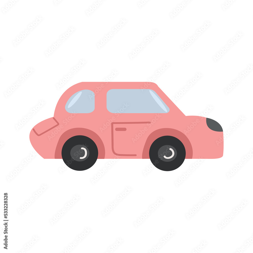 Cute colorful retro pink car icon elements illustration. Hand drawn vehicle style for design of children's rooms, clothing, textiles.