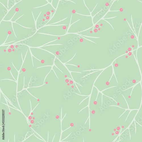 Beautiful vector seamless patternon a light green background with  pink berries on the  branches. Elegant floral texture. Simple abstract vegetal ornament. Stylish natural wallpapers  fabric