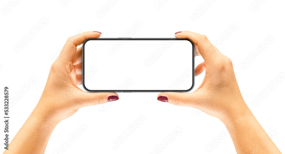 Woman hand holding smart phone with blank screen isolated on white. Template, mockup, filetype .png	