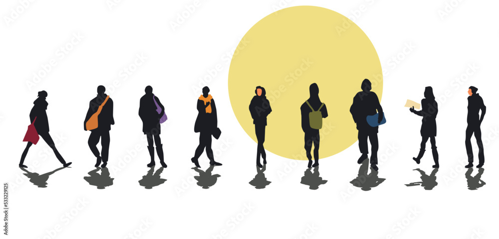 Set of nine silhouettes of different people with colored silhouettes of bags, briefcases, clothes or faces. Isolated vector illustration with shadow on white and yellow background.
