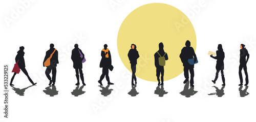 Set of nine silhouettes of different people with colored silhouettes of bags, briefcases, clothes or faces. Isolated vector illustration with shadow on white and yellow background.