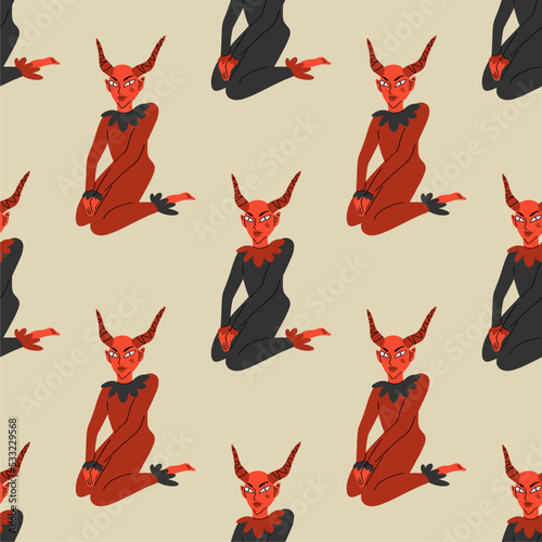 Devil woman in full length, seamless pattern. Vector clipart for Halloween. Red Devil. Fashion print in funky doodle style.