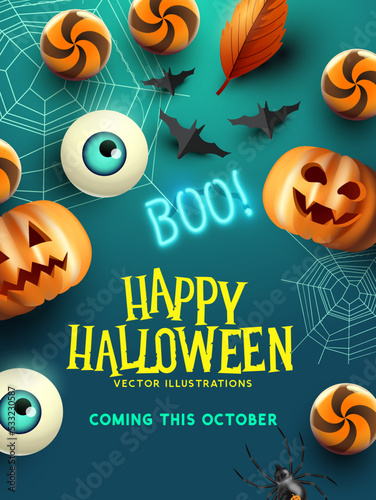 A happy halloween themed party event layout background with room for text and spooky elements. Vector illustration