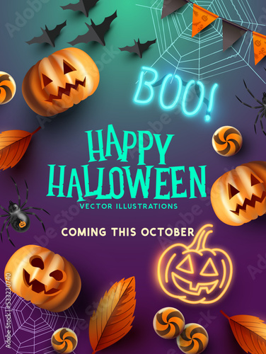 Spooky and fun halloween events background layout with pumpkins and bats. Vector illustration