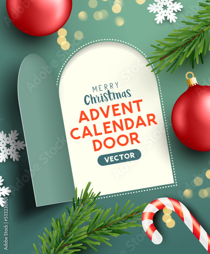 Christmas advent calendar door opening to reveal a festive message. Vector illustration. photo