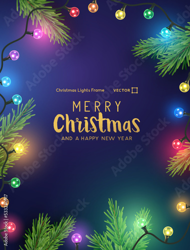 Glowing bright and colorful christmas fairy light chains. Holiday background frame vector illustration layout.