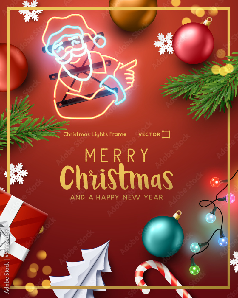 Christmas decorations background Frame border With festive lights! Vector illustration.