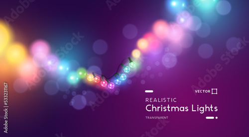 Glowing colourful christmas fairy lights. Festive holiday background vector illustration.