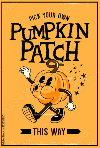 A vintage halloween decorated pumpkin patch farm sign with a Jack O' Lantern. Vector illustration.