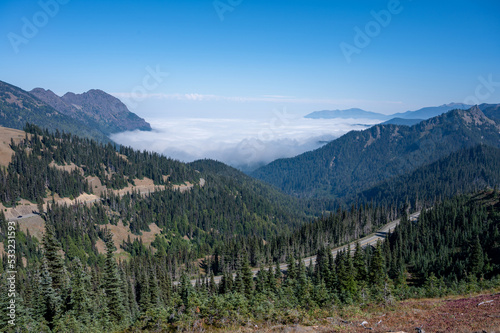 Clouds filling valley during cloud inversion seen from Hurricane Ridge in Olympic National Park, Washington on sunny autumn afternoon.