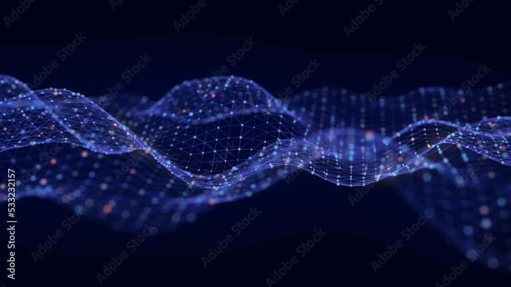 Fototapeta premium Abstract futuristic wave. Flow of particles. Big data transfer visualization. 3d rendering.