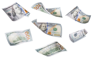 Transparent PNG Set of Falling or Floating $100 Bills.