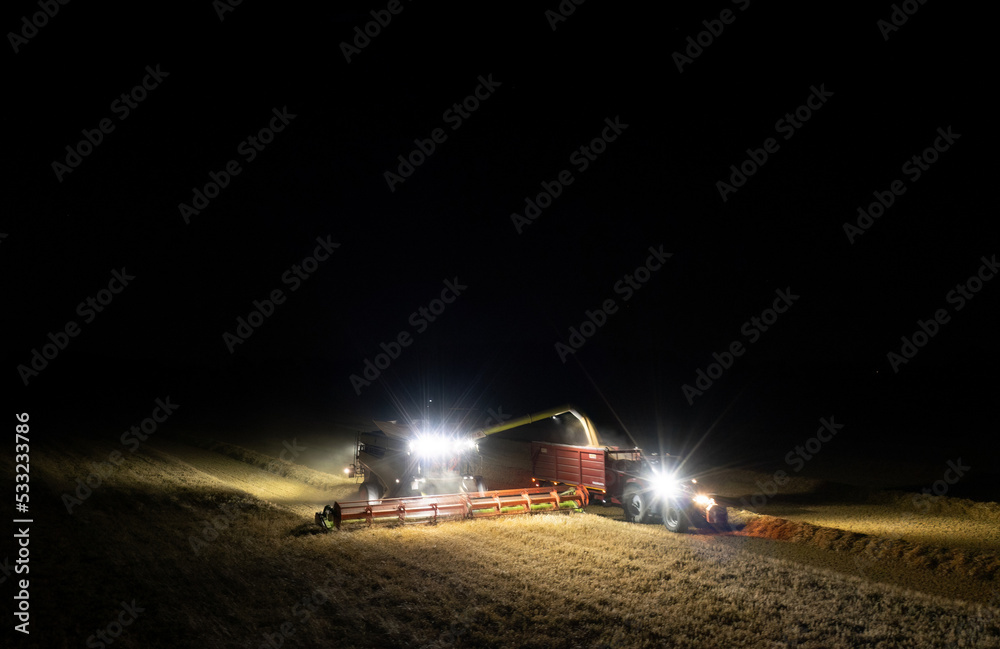 Illuminated field at night during the end of harvesting season: Aerial view of combine harvester unloading wheat grains