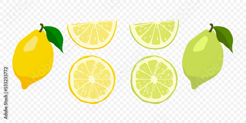 Vector Citrus Fruit Icon Set - Yellow Lemon and Green Lime. Whole and Slice Design Element Isolated on White Background