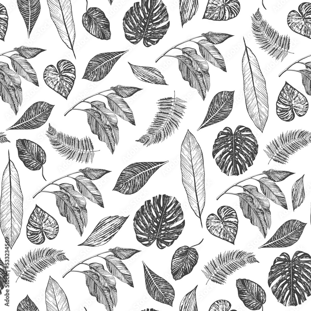 Tropical forest palm leaves vector seamless pattern