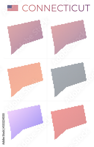 Connecticut dotted map set. Map of Connecticut in dotted style. Borders of the US state filled with beautiful smooth gradient circles. Captivating vector illustration.