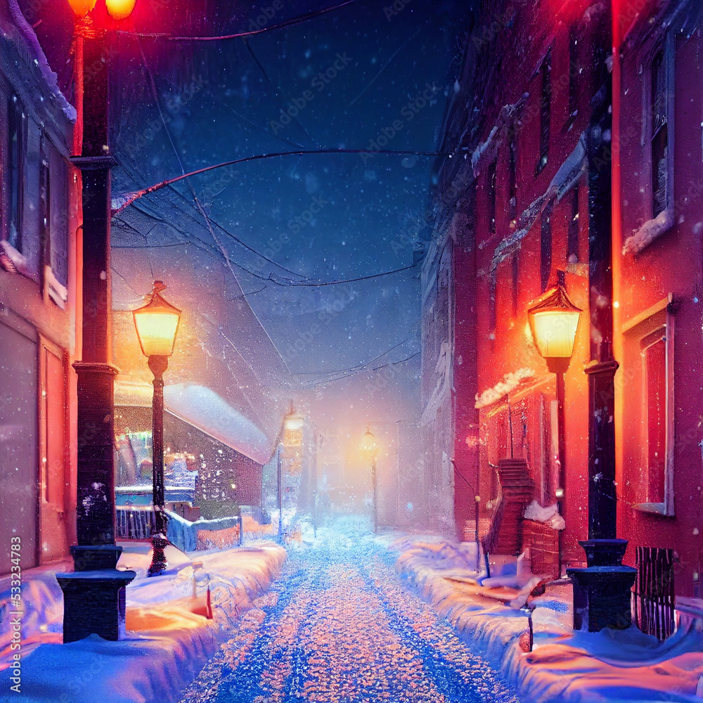 Cozy city street in winter. High quality illustration