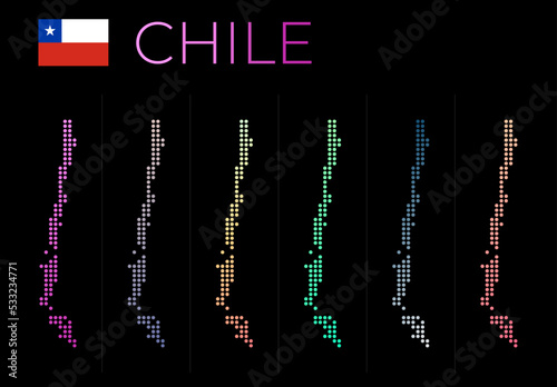 Chile dotted map set. Map of Chile in dotted style. Borders of the country filled with beautiful smooth gradient circles. Neat vector illustration.