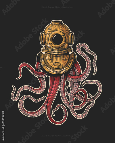 Octopus in a diver's helmet in engraving style. Vintage nautical symbol on a dark background. Vintage vector illustration for postcard, book or tattoo design.