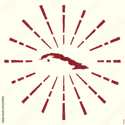 Cuba logo. Grunge sunburst poster with map of the country. Shape of Cuba filled with hex digits with sunburst rays around. Vibrant vector illustration.