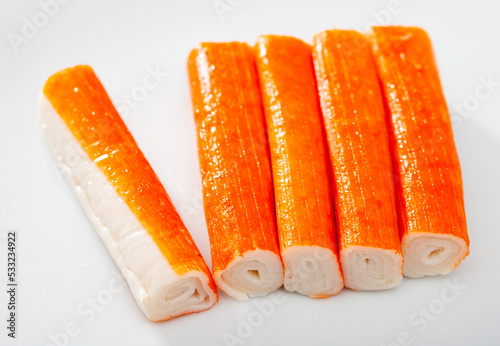 Принти на полотні Seafood sticks imitation of crab meat on white background