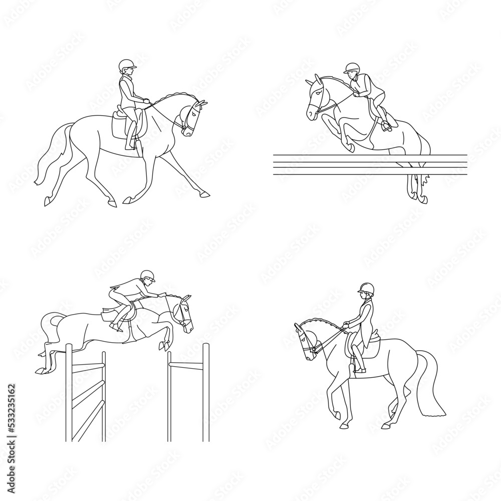 Set of line images for coloring book about equestrian sports, show jumping and dressage