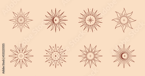 Bundle of vector bohemian logo design templates with sun,moon,star and sunburst.Boho linear icons or symbols in trendy minimalist style.Modern celestial emblems.Branding designs templates.