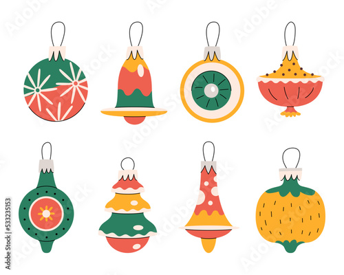 Set of various cute christmas ornaments. Colorful glass bulbs for new year decorations. Baubles and ornaments set. Xmas holiday toys and decor. Figures for fir-tree. Minimalistic flat hand-drawn 