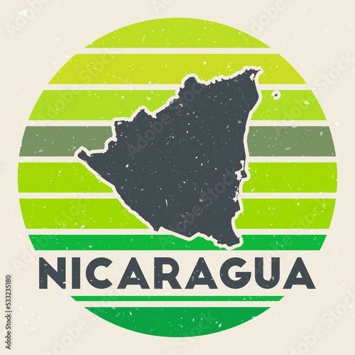 Nicaragua logo. Sign with the map of the country and colored stripes, vector illustration. Can be used as insignia, logotype, label, sticker, or badge of Nicaragua.