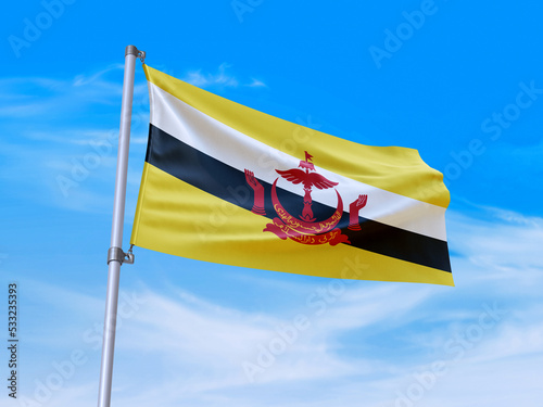 Beautiful Brunei flag waving with sky background - 3D illustration - 3D render photo