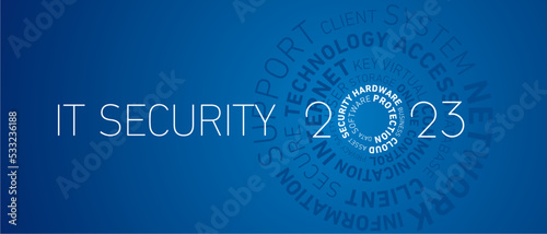 IT Security 2023 New Year abstract circle word cloud text white shining bold light typography blue greeting card banner