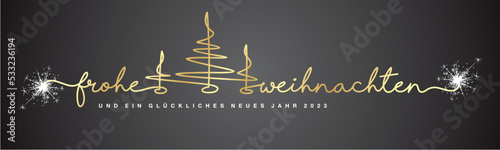 Merry Christmas and Happy New Year 2023 German language golden handwritten lettering tipography line design Christmas trees sparkle firework black background banner