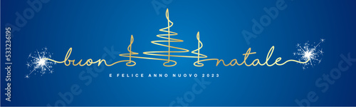 Merry Christmas and Happy New Year 2023 Italian language golden handwritten lettering tipography line design Christmas trees sparkle firework blue background banner