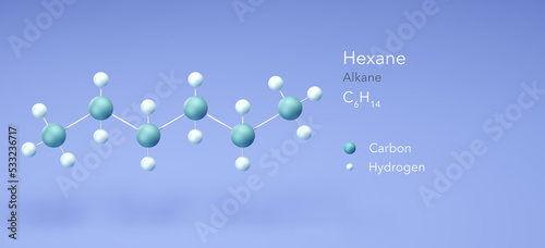 hexane, molecular structures, alkane, 3d model, Structural Chemical Formula and Atoms with Color Coding photo