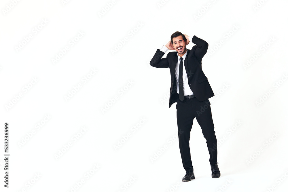 Man business smile with teeth in costume running and jumping up open mouth happiness and surprise full-length on white isolated background copy place Man business smile with teeth in costume running and jumping up open mouth happiness and surprise full-length on white isolated background copy place