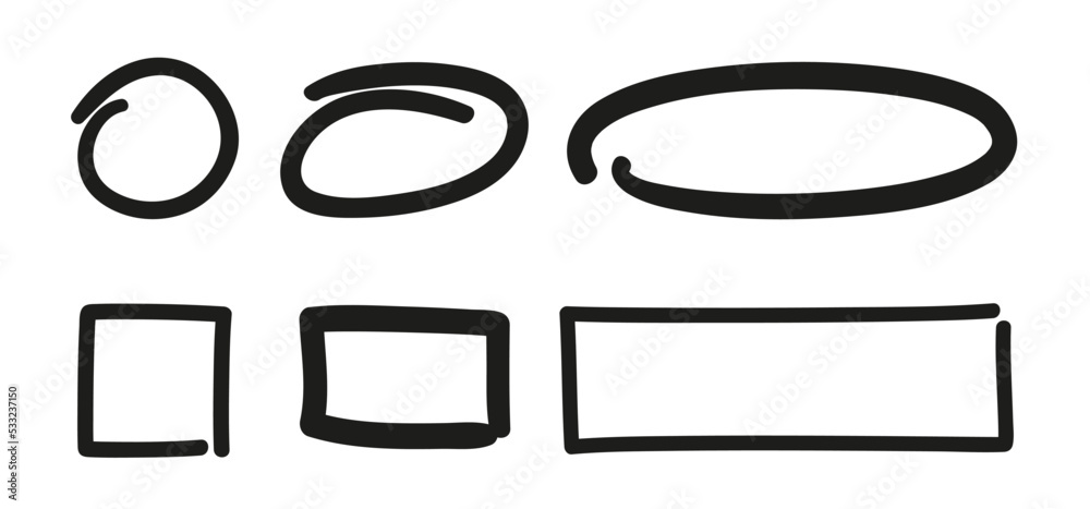 Hand drawn black doodles on white. Abstract geometric frames. Freehand pen drawing. Set of different geometric shapes. Black and white illustration Hand drawn black doodles on white. Abstract geometric frames. Freehand pen drawing. Set of different geometric shapes. Black and white illustration